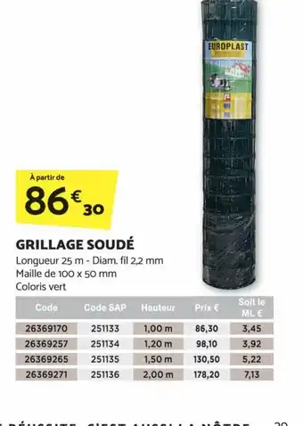 Bricomarché GRILLAGE SOUDÉ Longueur 25 m - Diam. fil 2,2 mm Maille de 100 x 50 mm offre