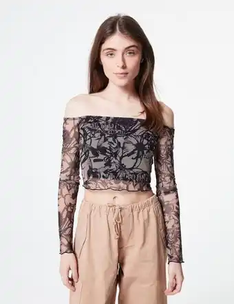 Top épaules dénudées manches longues mix de motif inspiration tatouage noir et beige
