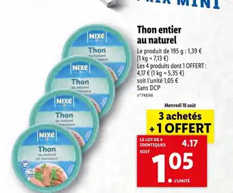 Lidl Thon entier au naturel offre