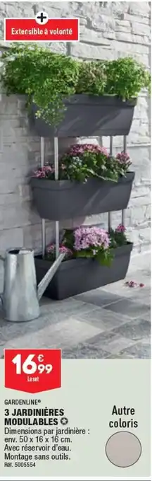 ALDI 3 JARDINIÈRES MODULABLES Dimensions par jardinière : env. 50 x 16 x 16 cm. Avec réservoir d'eau. Montage sans outils. offre