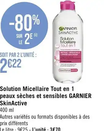 Géant Casino Solution Micellaire Tout en 1 peaux sèches et sensibles GARNIER SkinActive offre