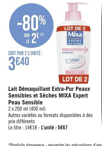 Géant Casino Lait Démaquillant Extra-Pur Peaux Sensibles et Sèches MIXA Expert Peau Sensible offre
