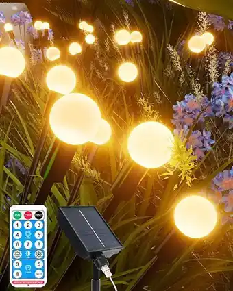 Amazon Ggisui lumiere solaire exterieur, 4 en 1 lucioles solaire jardin, 32 led lampe solaire de jardin avec télécommande, 8 modè... offre