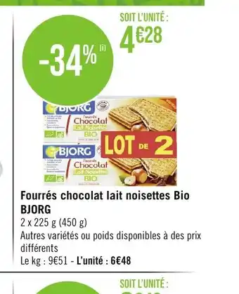 Géant Casino Fourrés chocolat lait noisettes Bio BJORG offre