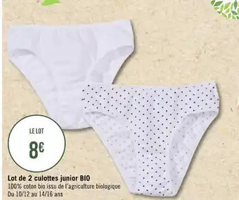 Géant Casino Lot de 2 culottes junior BIO 100% coton bio issu de l'agriculture biologique Du 10/12 au 14/16 ans offre