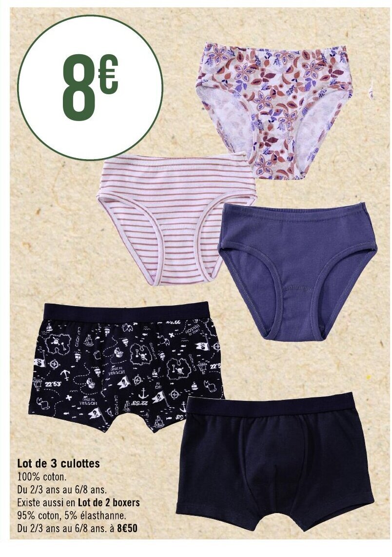 Géant Casino Lot de 3 culottes 100% coton. offre