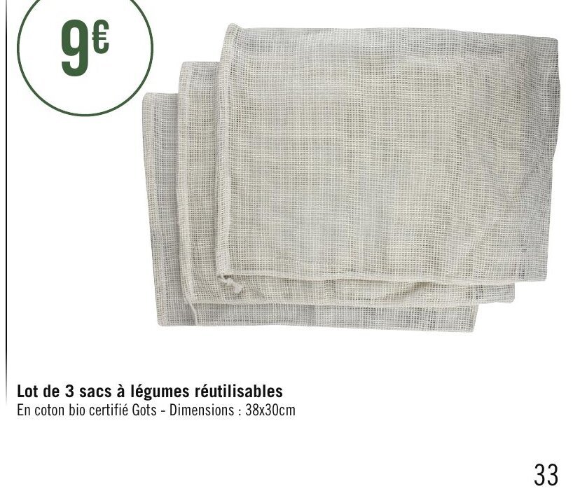 Géant Casino Lot de 3 sacs à légumes réutilisables En coton bio certifié Gots - Dimensions : 38x30cm offre