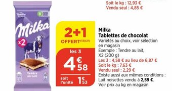Bi1 Milka Tablettes de chocolat offre