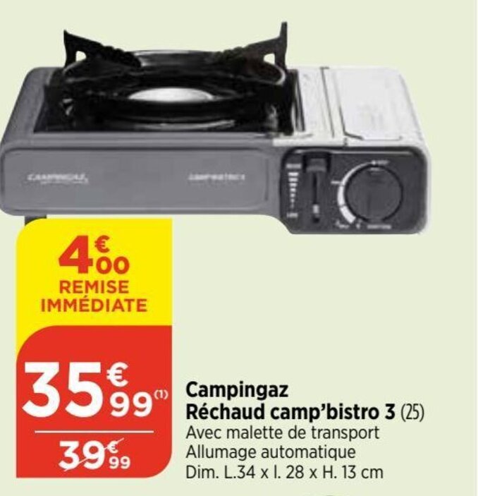 Bi1 Réchaud camp'bistro 3 (25) Avec malette de transport Allumage automatique Dim. L.34 x l. 28 x H. 13 cm Campingaz offre
