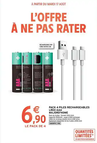 Pack 4 Piles Rechargeables Lr03 Aaa Majord'home