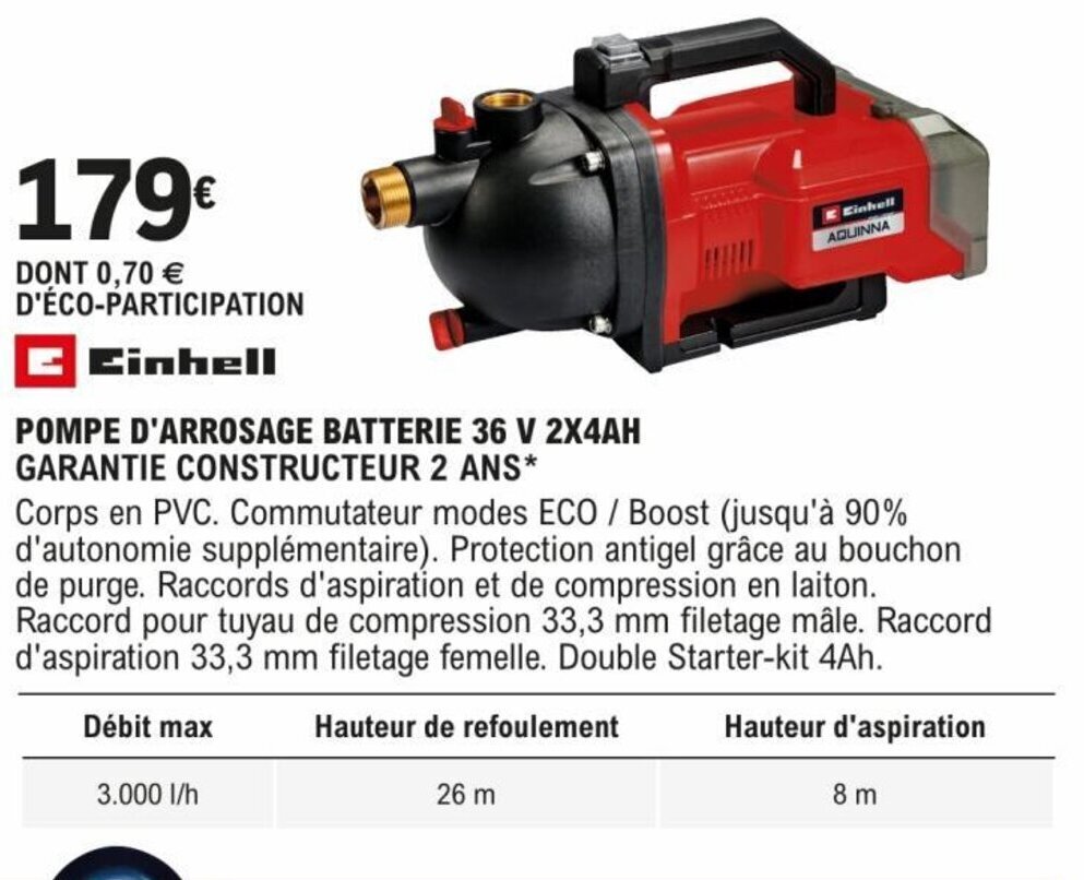 Promo POMPE D'ARROSAGE BATTERIE 36 V 2X4AH GARANTIE CONSTRUCTEUR 2 ANS