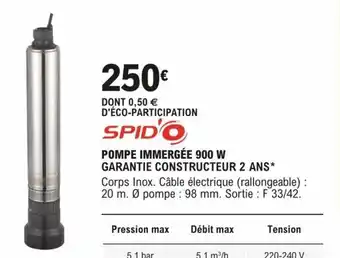 E.Leclerc Brico POMPE IMMERGÉE 900 W GARANTIE CONSTRUCTEUR 2 ANS* offre