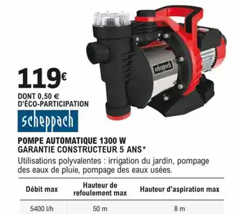 E.Leclerc Brico POMPE AUTOMATIQUE 1300 W GARANTIE CONSTRUCTEUR 5 ANS* offre