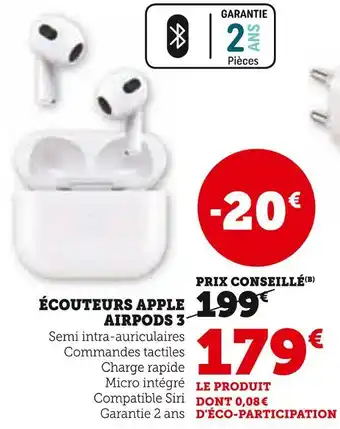 Hyper U Apple écouteurs airpods 3 offre