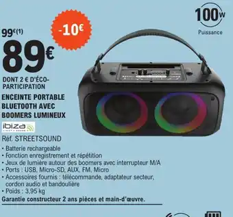 E.Leclerc ENCEINTE PORTABLE BLUETOOTH AVEC BOOMERS LUMINEUX ibiza offre