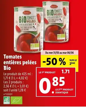 Lidl Tomates entières pelées Bio offre