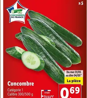 Lidl Concombre Catégorie 1 Calibre 300/500 g offre