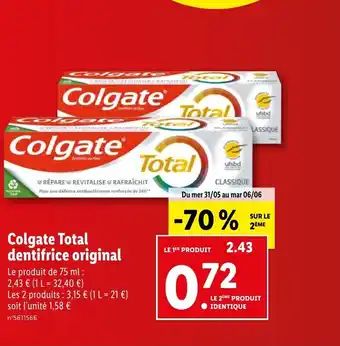 Lidl Colgate Total dentifrice original offre