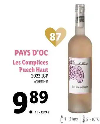 Lidl PAYS D'OC Les Complices Puech Haut 2022 IGP offre