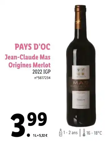 Lidl PAYS D'OC Jean-Claude Mas Origines Merlot offre
