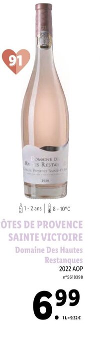 Lidl | 8-10°C CÔTES DE PROVENCE SAINTE VICTOIRE Domaine Des Hautes Restanques 2022 AOP n°5618398 offre
