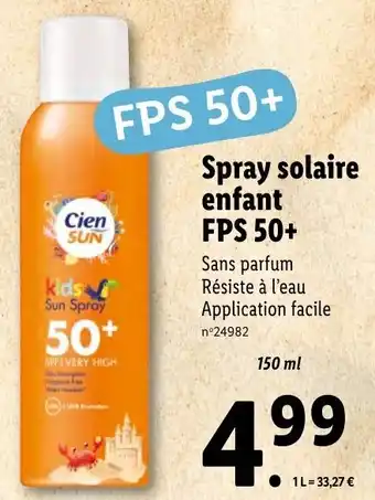 Lidl Spray solaire enfant FPS 50+ offre