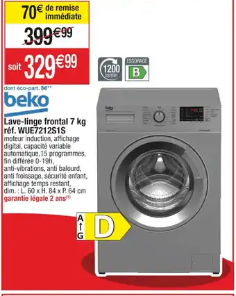 Cora x Carrefour Beko Lave-linge frontal 7 kg réf. WUE7212S1S offre