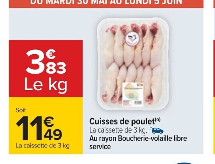 Carrefour Cuisses de poulet(⁰) La caissette de 3 kg. offre