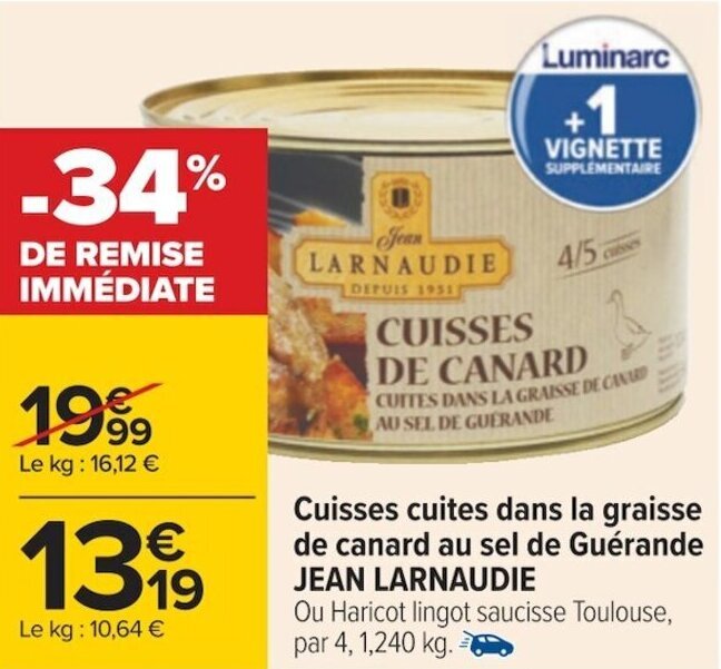 Carrefour Cuisses cuites dans la graisse de canard au sel de Guérande JEAN LARNAUDIE offre
