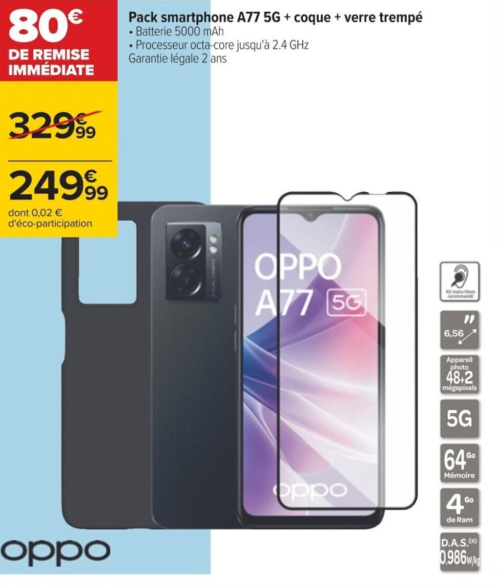 Carrefour Pack smartphone A77 5G + coque + verre trempé offre