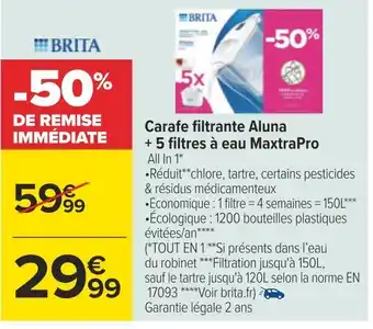 Carrefour Brita carafe filtrante aluna + 5 filtres à eau maxtrapro offre