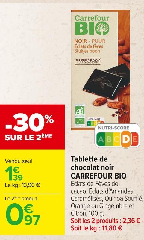 Carrefour Market Carrefour bio tablette de chocolat noir offre