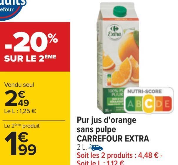 Carrefour Carrefour extra pur jus d'orange sans pulpe offre