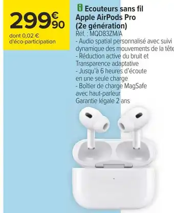 Carrefour Apple ecouteurs sans fil airpods pro (2e génération) offre