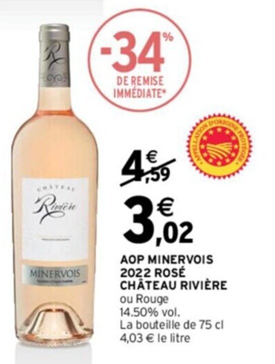 Promo AOP MINERVOIS 2022 ROSÉ CHÂTEAU RIVIÈRE ou Rouge 14.50 vol. chez