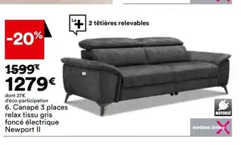 6. Canapé 3 places relax tissu gris foncé électrique Newport II