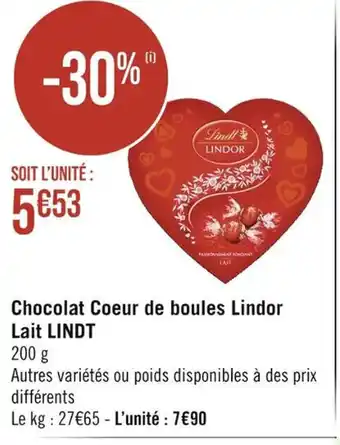 Chocolat Coeur de boules Lindor Lait LINDT