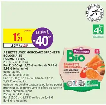 Intermarché Pommette assiette avec morceaux spaghetti bolognaise bio offre