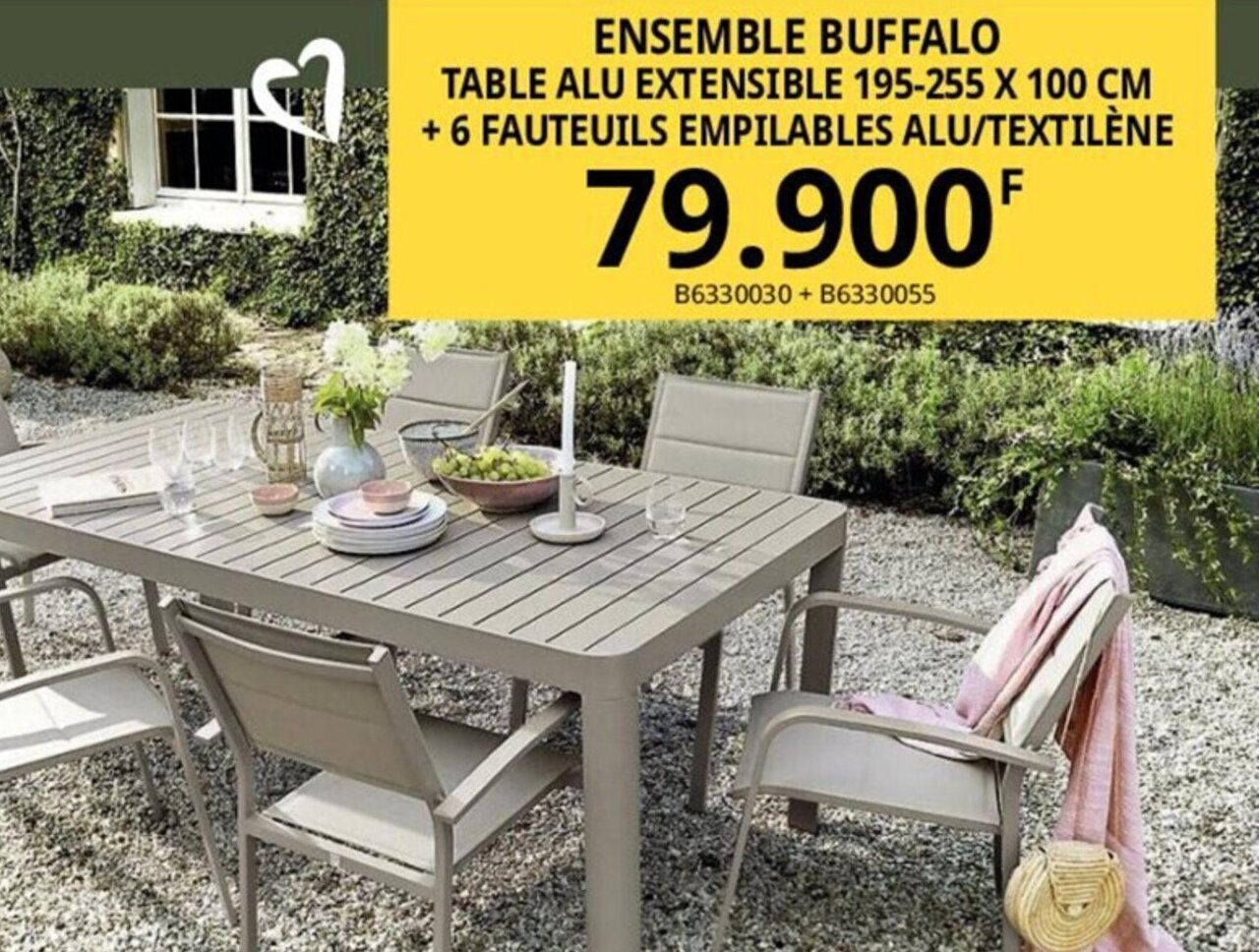 Bricorama ENSEMBLE BUFFALO TABLE ALU EXTENSIBLE 195-255 X 100 CM + 6 FAUTEUILS EMPILABLES ALU/TEXTILÈNE offre