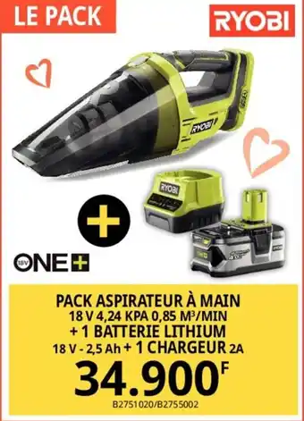 PACK ASPIRATEUR Ă MAIN 18 V 4,24 KPA 0,85 MÂł/MIN +1 BATTERIE LITHIUM 18 V-2,5 Ah + 1 CHARGEUR 2A