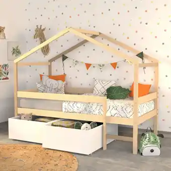 Auchan Lit cabane bois massif 90x190 cm avec 2 tiroirs sommier barrière et échelle elio offre