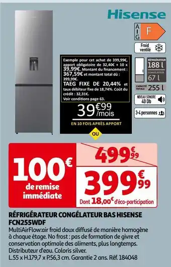 Auchan Réfrigérateur congélateur bas hisense fcn255wdf offre