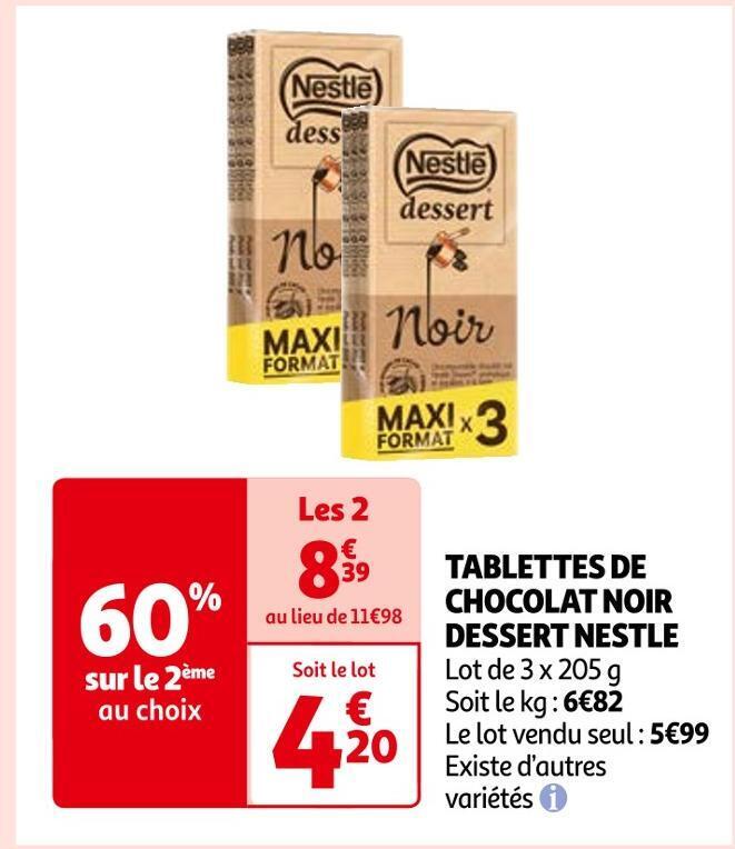 Auchan Nestle tablettes de chocolat noir dessert offre