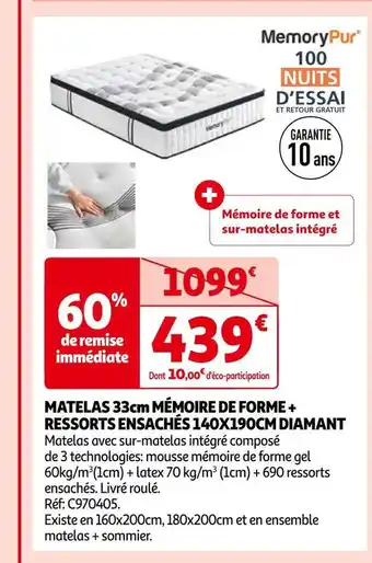 Auchan Memorypur matelas 33cm mémoire de forme + ressorts ensachés 140x190cm diamant offre