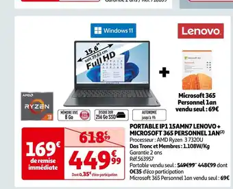 Auchan Lenovo portable ip1 15amn7 lenovo + microsoft 365 personnel 1an offre