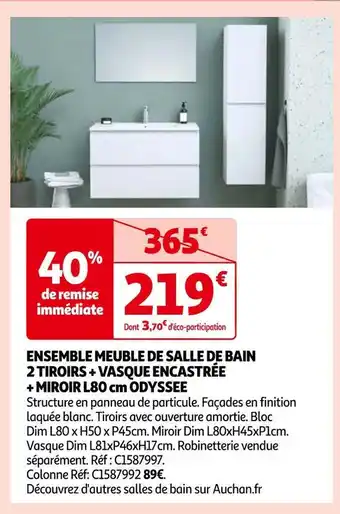 Odyssee ensemble meuble de salle de bain 2 tiroirs + vasque encastrée + miroir l80 cm