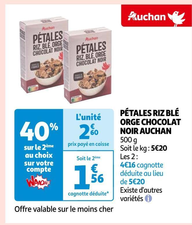 Auchan Auchan pétales riz blé orge chocolat noir offre