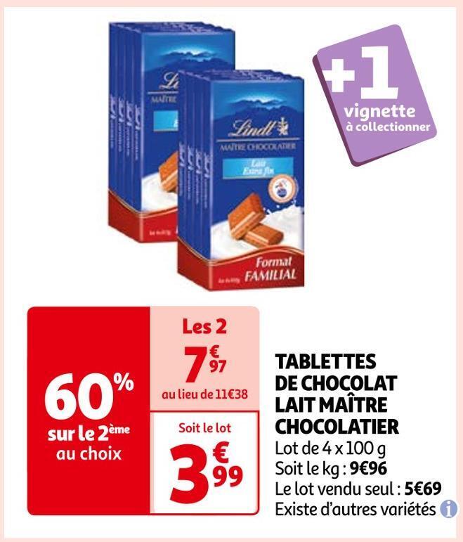 Auchan Lindt tablettes de chocolat lait maître chocolatier offre