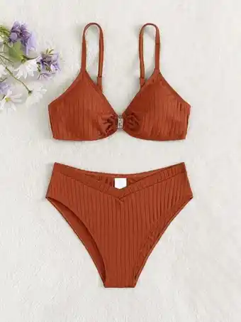 SheIn Fille adolescente bikini à détail anneau o côtelé échancré offre