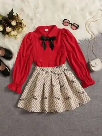SheIn Shein fille blouse à nœud papillon manches évasées & jupe plissée à lettres offre